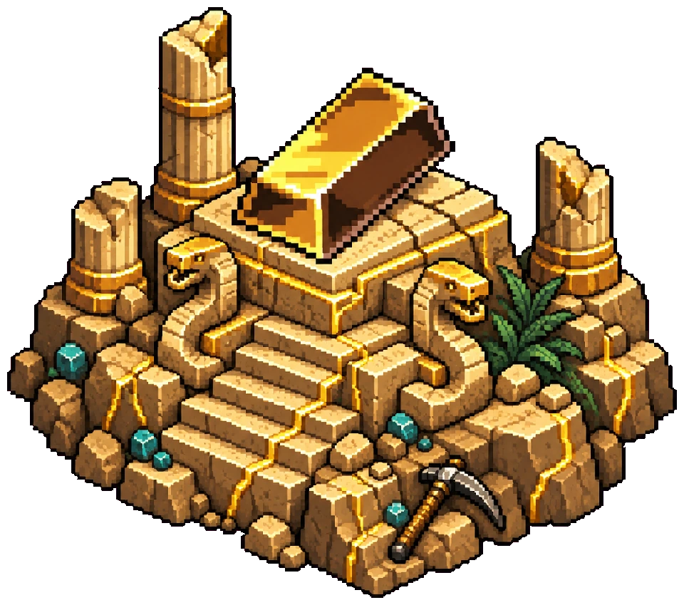The original gold ingot on an ancient pixel-stone altar